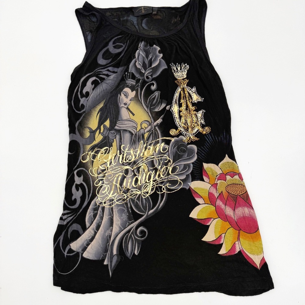 Christian Audigier Geisha & Koi Fish Tank Top XS Y2K Rhinestone Tattoo